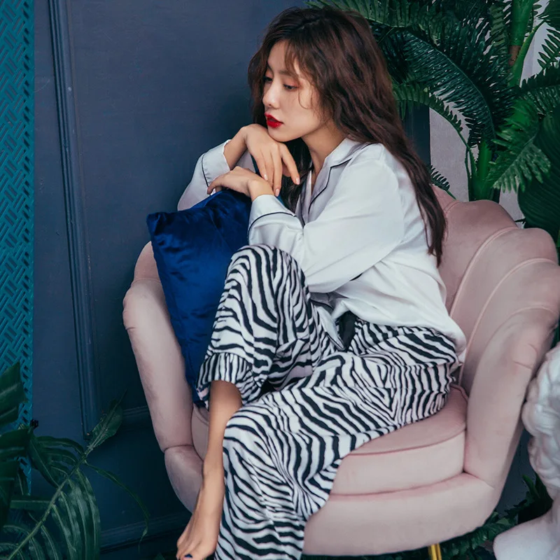 New Autumn Pajamas Womens Long-Sleeve Trousers Two-piece Suit Ice silk Zebra Pattern Home Service Nightwear Sleepwear