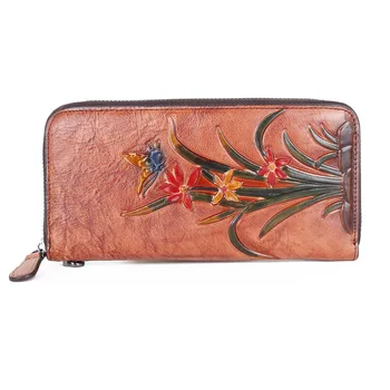 

Women Natural Skin Long Wallet Money Handy Bag ID Card Holder Embossed Floral Genuine Leather Zipper Clutch Wrist Bags Purse