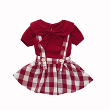 Летняя одежда для новорожденных девочек рождественские топы с бантом, рубашка клетчатая юбка платье на подтяжках комплект из 2 предметов, От 6 месяцев до 3 лет