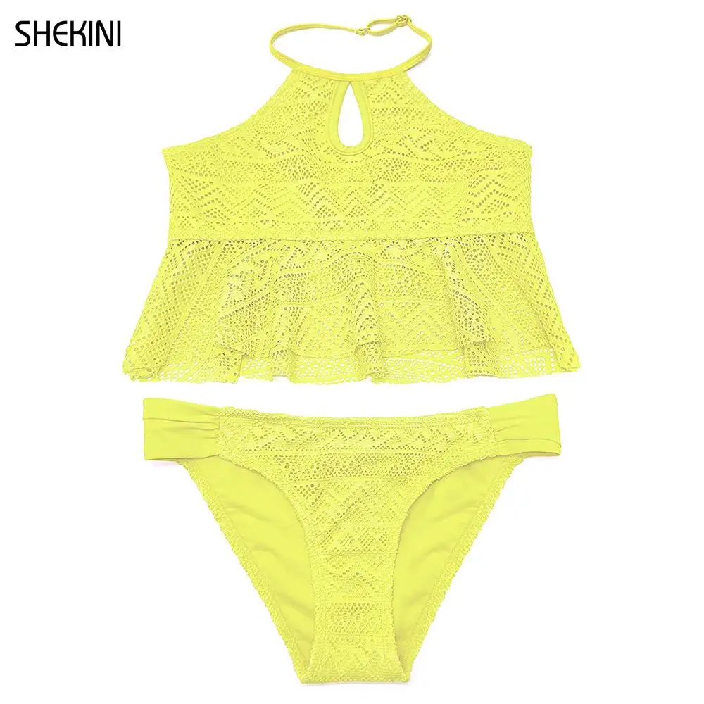 SHEKINI Girls Halter keyhole Bathing Suit Ruffles Flounce Crochet Mesh Fabric Two Piece Swimsuit For Girls Beachwear Teen Bikini