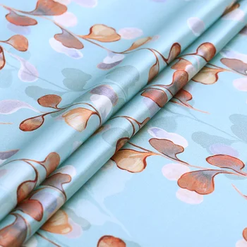 

Leaf Printing Blue Stretch Satin Real Silk Fabric Soft Smooth Diy Clothing