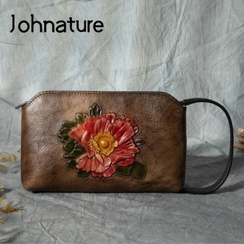 

Johnature Retro Genuine Leather Women Hand Bag 2020 New First Layer Cowhide Ladies Clutch Bags Handmade Embossed Mini Bags
