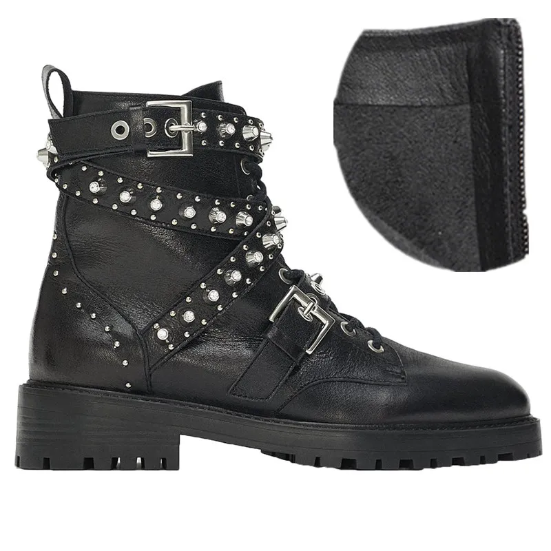 Prova Perfetto; черные мотоботы из натуральной кожи; женские облегающие сапоги с пряжкой; ботинки «Челси» с заклепками в стиле панк; короткие Ботинки martin в британском стиле - Цвет: Rivet boots plush in