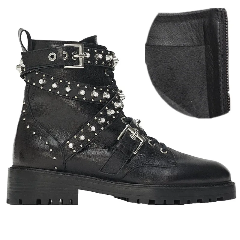 Rivet boots plush in Prova Perfetto; черные мотоботы из натуральной кожи; женские облегающие сапоги с пряжкой; ботинки «Челси» с заклепками в стиле панк; короткие Ботинки martin в британском стиле - Цвет: Rivet boots plush in