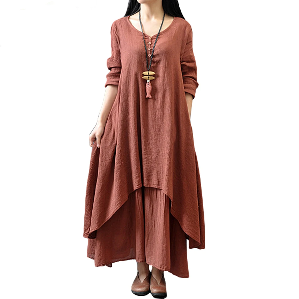 

Cotton Color Women Maxi Dress 2019 Spring New Fake Two Pieces Loose Long Sleeve Round Neck Plus Size Irregular Dress