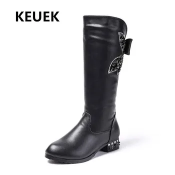 

New Winter Girls Boots Fashion High-heeled Princess Genuine Leather Kids Snow Boots Student Performance Shoes Baby Bow 02B