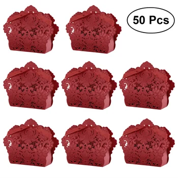 

50pcs Wedding Favor Boxes Hollow Out Craft Paper Box For Gifts Candy Sweets with Ribbons (Red)