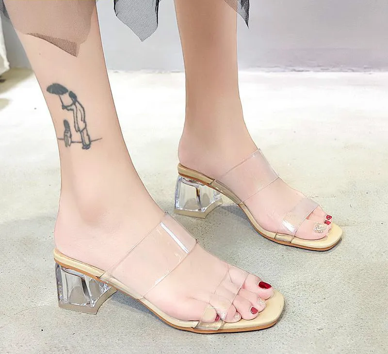 

HOT Clear Heels Slippers Women Sandals Summer Shoes Woman Transparent High Pumps Wedding Jelly Buty Damskie Sexy Square Heels
