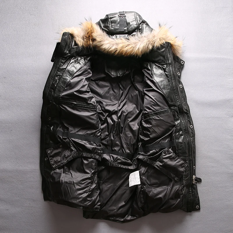 Новые мужские часы из натуральной кожи, черного цвета вниз куртка Cowleather куртка с отстегивающимся капюшоном, пилот куртки на холодную погоду; куртка для русской зимы