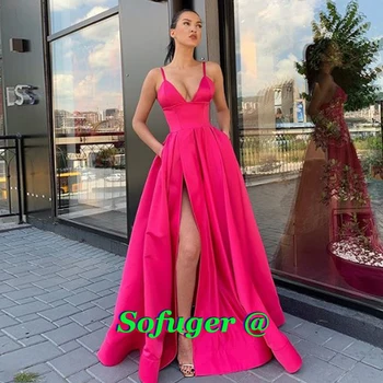 

16 All Satin Fuschia Prom Dresses Spaghetti Straps Sexy Slit Special Occasion Formal Party Graduate Vestidos De Gala Fiesta