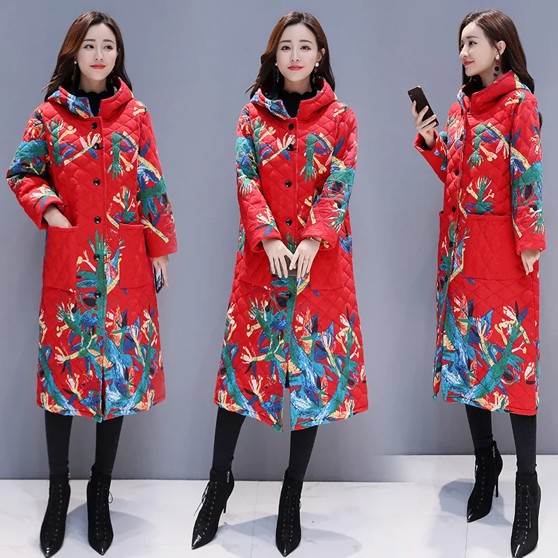 

2019 Winter New Style Ethnic-Style Large Size Loose Cotton Linen Printed Padded Warm over-the-Knee Hooded Cotton Overcoat