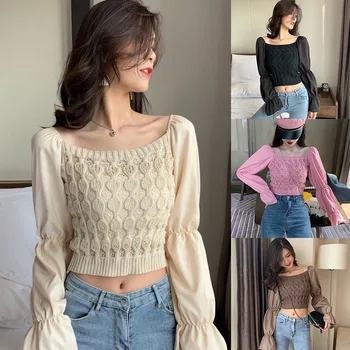 

New women shirts Korea style puff sleeve solid color vintage square sexy small V-neck Slim blouse knitted long sleeve tops