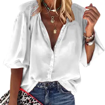 

Womens Plus Size 3/4 Puff Sleeves Blouse Button Down Sexy Deep V-Neck Shirt Solid Color Autumn Casual Loose Tops S-3XL 50JB