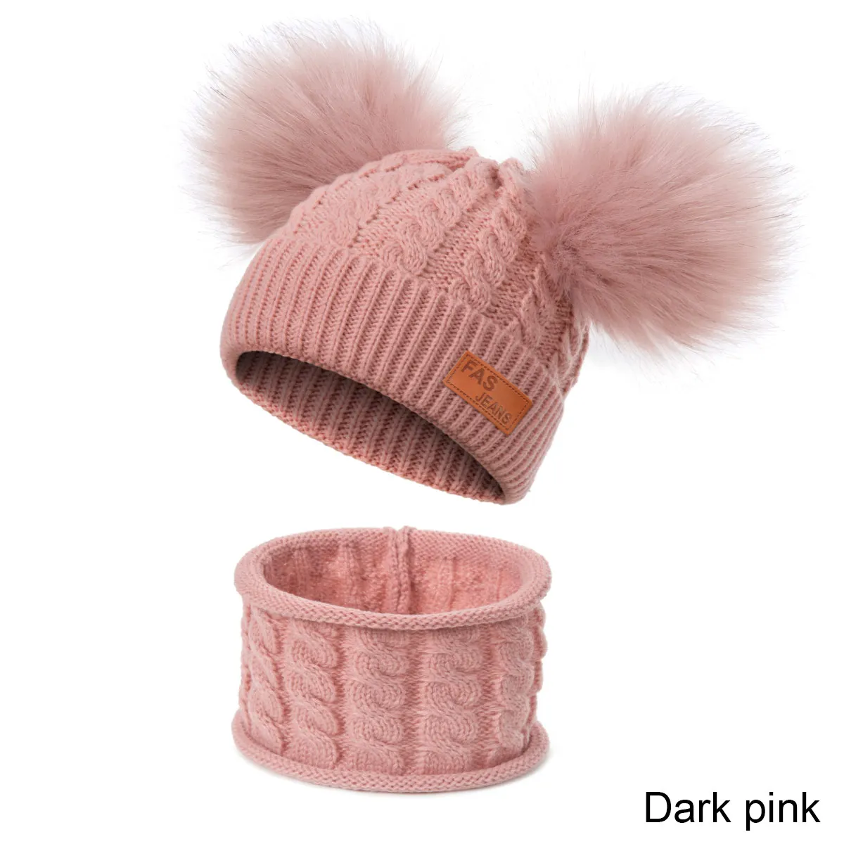 Комплект из 2 предметов, детская шапка, шапка с двойным шариком, шарф, комплект, детская вязаная шапка, Теплый головной убор для мальчиков и девочек, подходит для детей - Цвет: dark pink 2