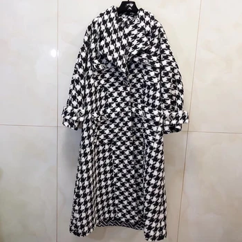 

Long Wool Blend Coat Women Fall Winter Long Sleeve Plaid Coat Office Ladies Loose Elegant Overcoat