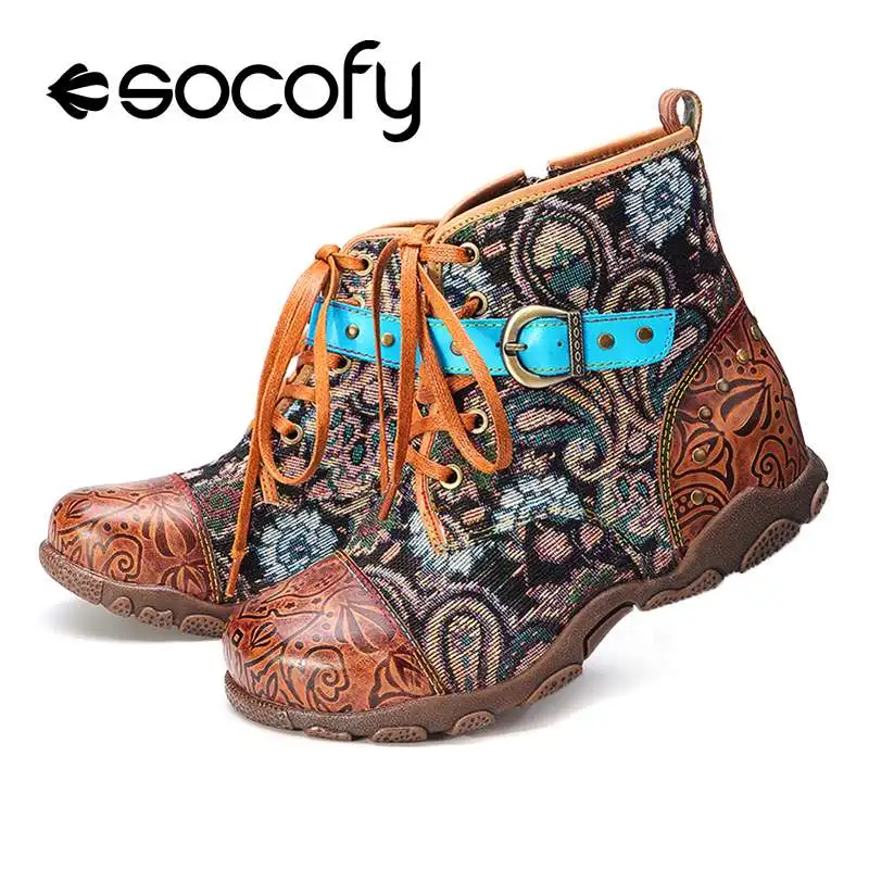 picture color SOCOFY/женские ботильоны из натуральной кожи с кружевной пряжкой; удобные теплые ботильоны на плоской подошве; винтажные ботильоны в богемном стиле; Женская Осенняя обувь - Цвет: picture color