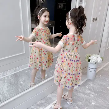 

2020 Summer Kids Flower Embroidery Mesh Dresses For Girls Toddler Girls Princess Party Prom Gown Children Clothing Dresses W186