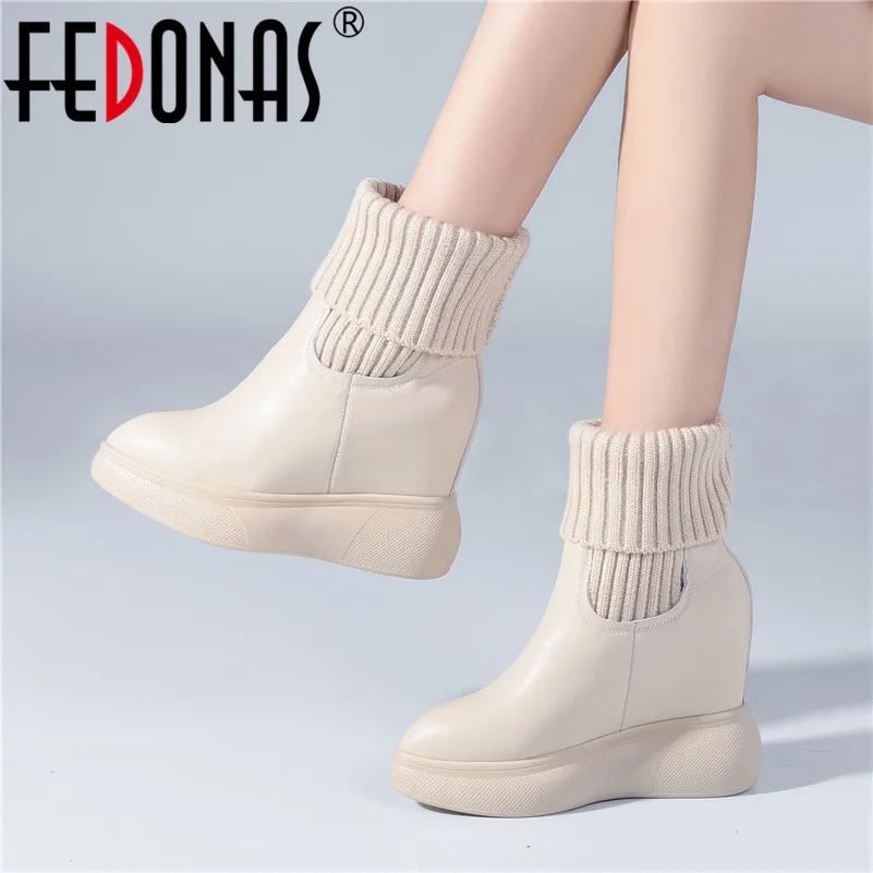 

FEDONAS New Arrival Genuine Leather Women Ankle Boots Slip On Height Increasing Short Boots Dancing Shoes Woman Chunky Heels