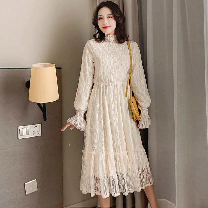Spring Autumn Thin Весенние женские элегантные платья для беременных с высокой талией, цветочное кружевное длинное платье, одежда для беременных женщин на осень и зиму - Цвет: Spring Autumn Thin
