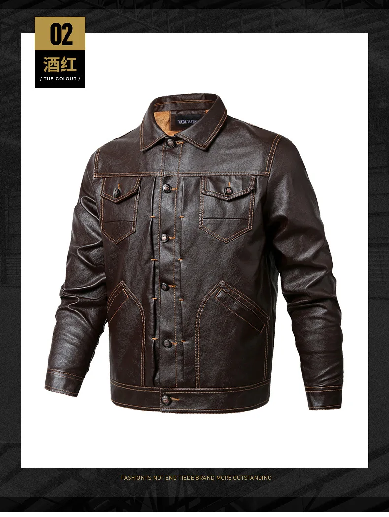 Winter Casual Men's PU Leather Large Size Loose-Fit Fold-down Collar Leather Jacket plus Velvet Multi-pockets outside