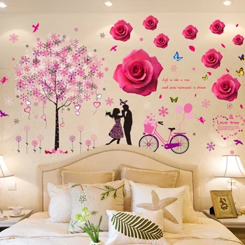 

[shijuekongjian] Snowflake Tree Wall Stickers DIY Cartoon Couples Red Rosees Mural Decals for Living Room Bedroom Decoration