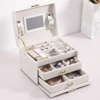 

3-layer PU Leather Display Box Large Capacity Jewelry Storage Box Earring Holder Drawer Organizer with Mirror Lock