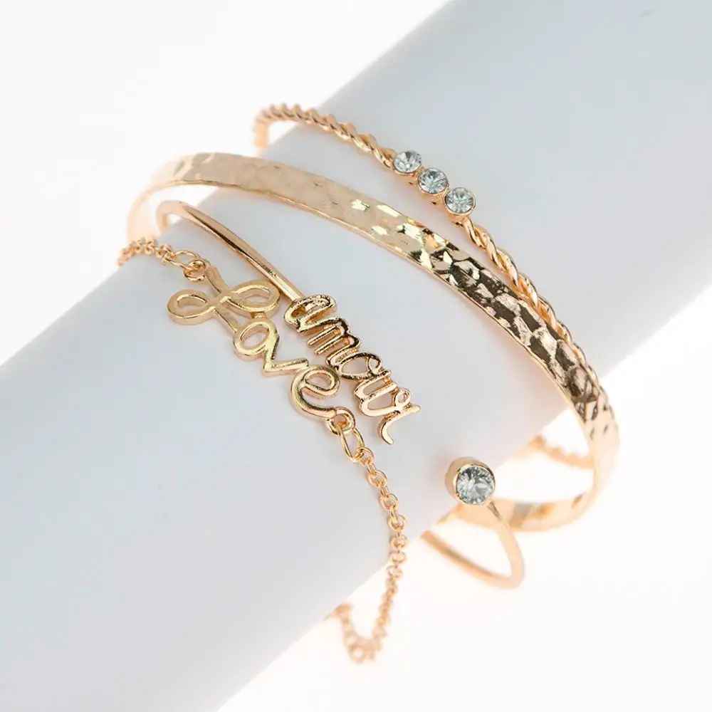 Women Fashion Love Letter Simple Circle Alloy Bracelet Ornaments 4 Pieces Charms Bracelet Bangle Armband Inlaid Ladies#D