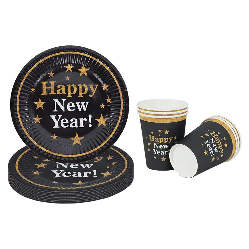 Happy New Year Decorations 2022 Christmas Balloons Decor Gold Black Disposable Tableware For Home New Year's Eve Party Ornaments