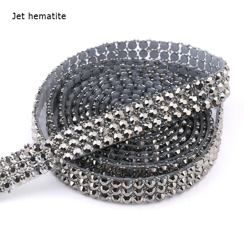 jet hematite 10 мм 3 ряда Стразы 1 ярд Хрустальное стекло Горячая фиксация швейная отделка лента аппликатор лента с Стразы Аппликации для одежды - Цвет: jet hematite