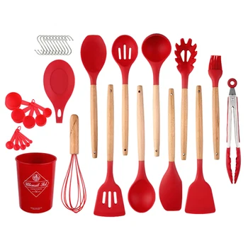 

24pcs/set Food Clip Non Stick Kitchen Utensil Heat Resistant Beater Spoon Spatula Wooden Handle Chef Silicone Cooking Tools