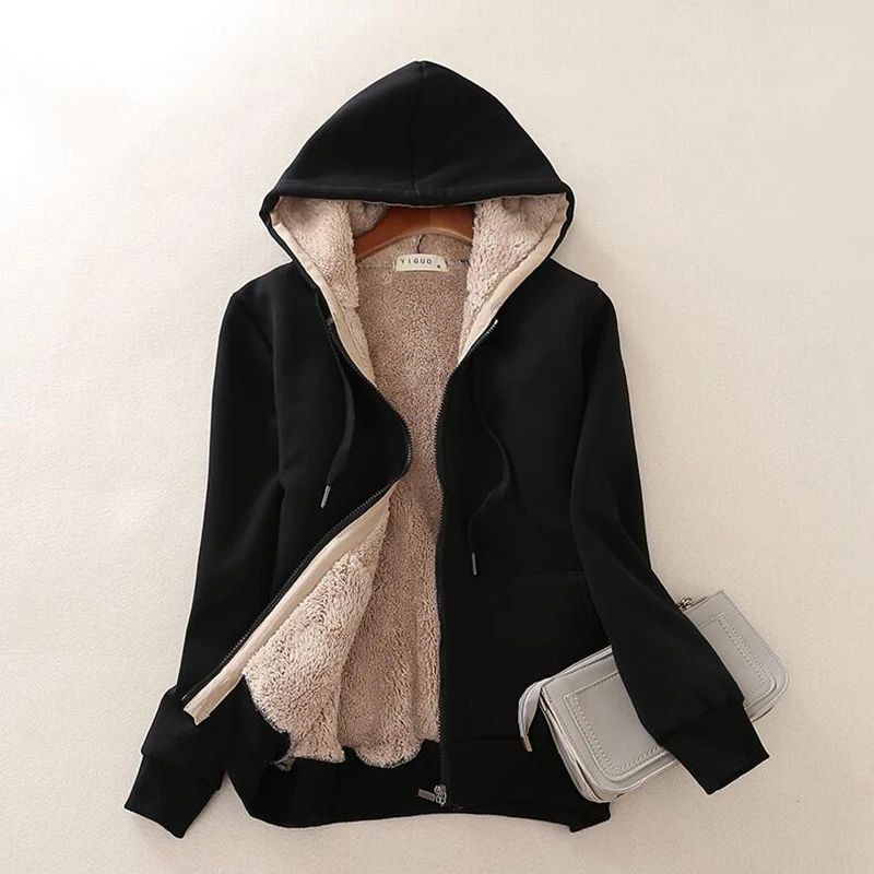 Женское кашемировое зимнее теплое пальто, Базовая куртка, модная, плюс кашемир ягненка, женское теплое пальто с капюшоном, женская зимняя куртка, плюс размер - Цвет: Черный
