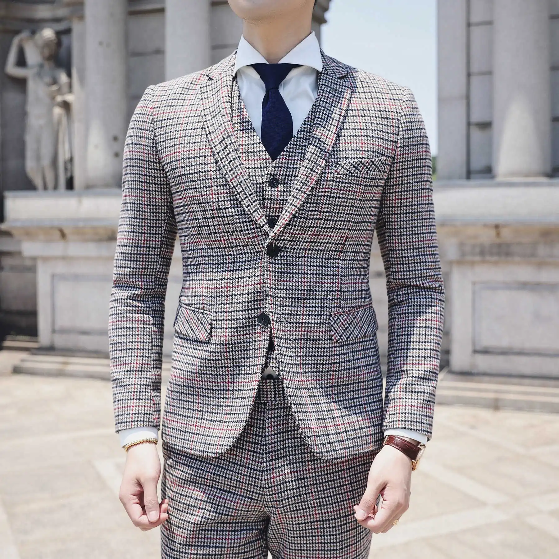 New British Retro Fine Lattice Slim Men's Suit Suit Fashion Men's Self-cultivation Business Casual Gentleman Groom Suit