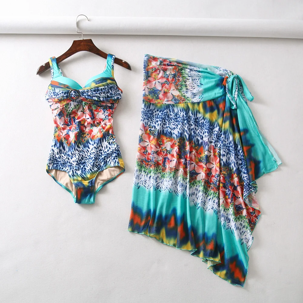 

Women Flora Colorful Print one-piece Swimwear With Beach Apron Set