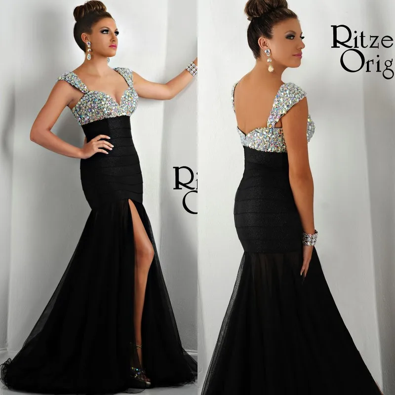 

2018 Black Mermaid Long Formal Evening Gown sexy High Split Front Crystals Pageant Prom Dress Mother of the Bride Dresses