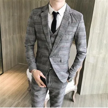 

(Jacket+Vest+Pants) Plaid Mens Wedding Suit Male Blazers Slim Fit Suits for Men Costume Business Formal Party Classic Gray/Navy