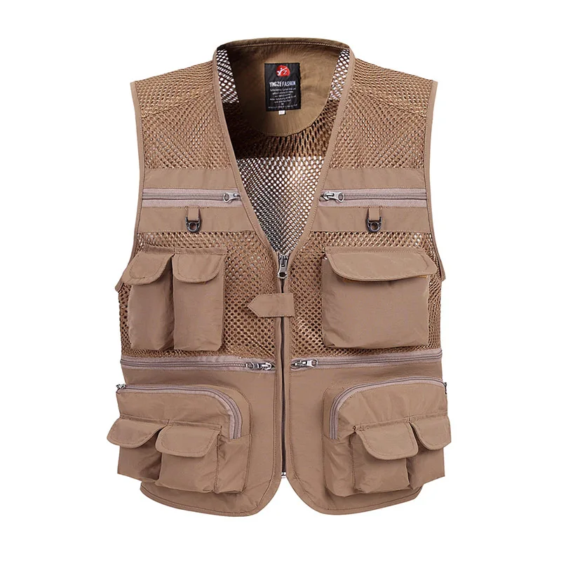 Khaki Vest Мужской летний сетчатый жилет, мужской мешковатый жилет 5XL, повседневный тонкий дышащий жилет с несколькими карманами, Мужская тактическая куртка для улицы - Цвет: Khaki Vest