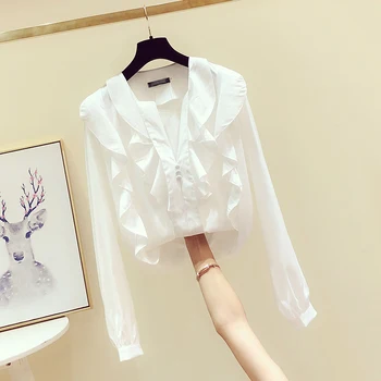 

Elegant V Neck Pullovers Chiffon Top 2019 New Spring Autumn All-match Solid Color Long Sleeve Female White Blouses