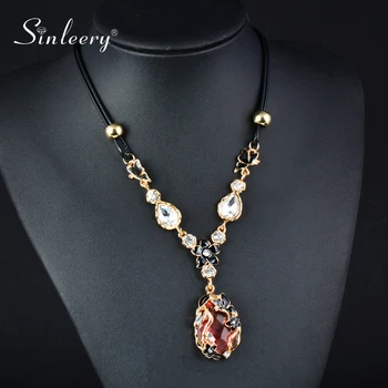 

SINLEERY Enamel Flower Wrap Zircon Statement Necklace Red Blue Color Two Layers Leather Inlay Crystal Necklace Jewelry XL189 SSF