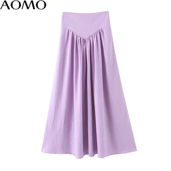 

AOMO fashion women solid purple pleated long skirt faldas mujer vintage side zipper office ladies elegant chic maxi skirts SL89A
