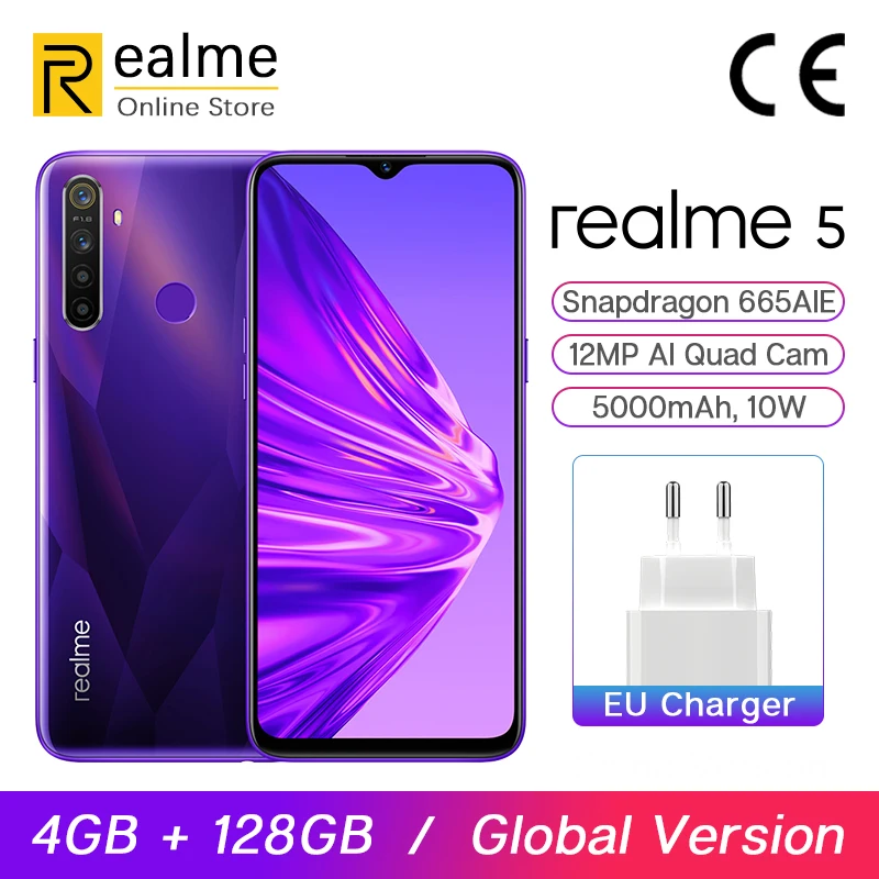 Глобальная версия realme 5 4 Гб 128 ГБ 6 ''мобильный телефон Snapdragon 665 12MP Quad Cam