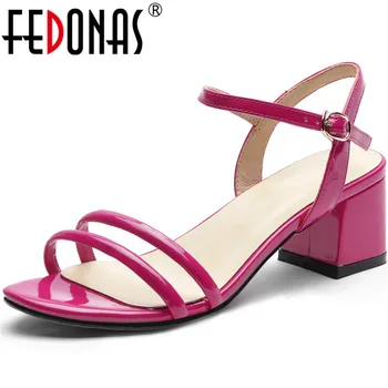 

FEDONAS Cow Patent Leather Sandals Lace Up High Heels Pumps Night Club Metal Buckle Women Shoes Summer Sexy Retro Shoes Woman