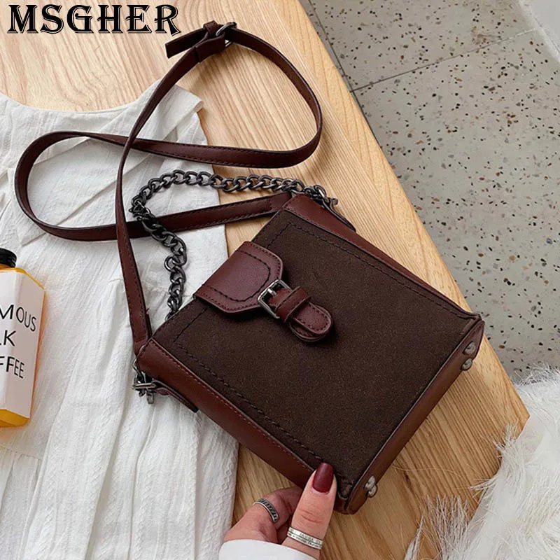 

MSGHER Frosted Solid Patchwork Bucket Women Shoulder Bag Metal Chain Hasp Concise Style French Vintage Joker Girl Bag WB2956