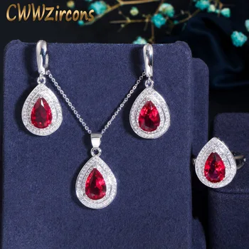 

CWWZircons Two Lines Cubic Zirconia Elegant Water Drop Rose Red CZ Crystal 3 pcs Women Engagement Jewelry Set Fashion Gift T102