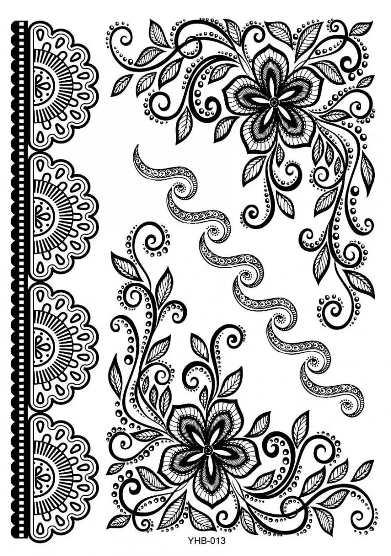 30 дизайнов, черные трафареты для татуировок хной воды для ног, рук, рук, тела, поддельные, водонепроницаемые, цветок, птица, большие, кружевные наклейки - Цвет: 13