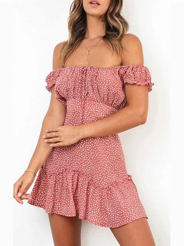 

Women Dresses Summer 2020 Summer Sexy Dress Ladies High Waist Dot Printing Mini Dress Off Shoulder Polka Dot Printed
