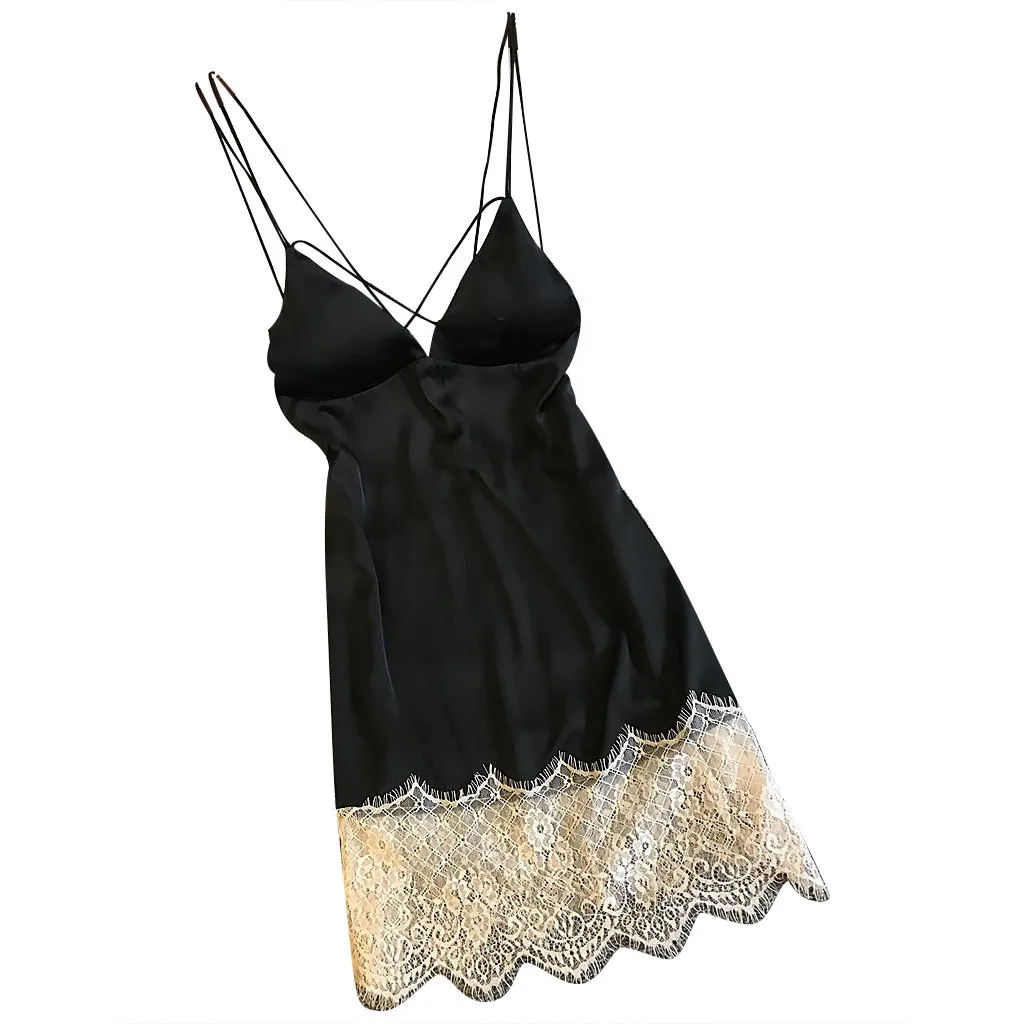 Black Satin Soft Womens's Night Dress Breathable Night Gowns Lingerie Ladies Nightwear Lace Sleeveless Gilrs Homewear Lotus Hem Sling - Цвет: Black