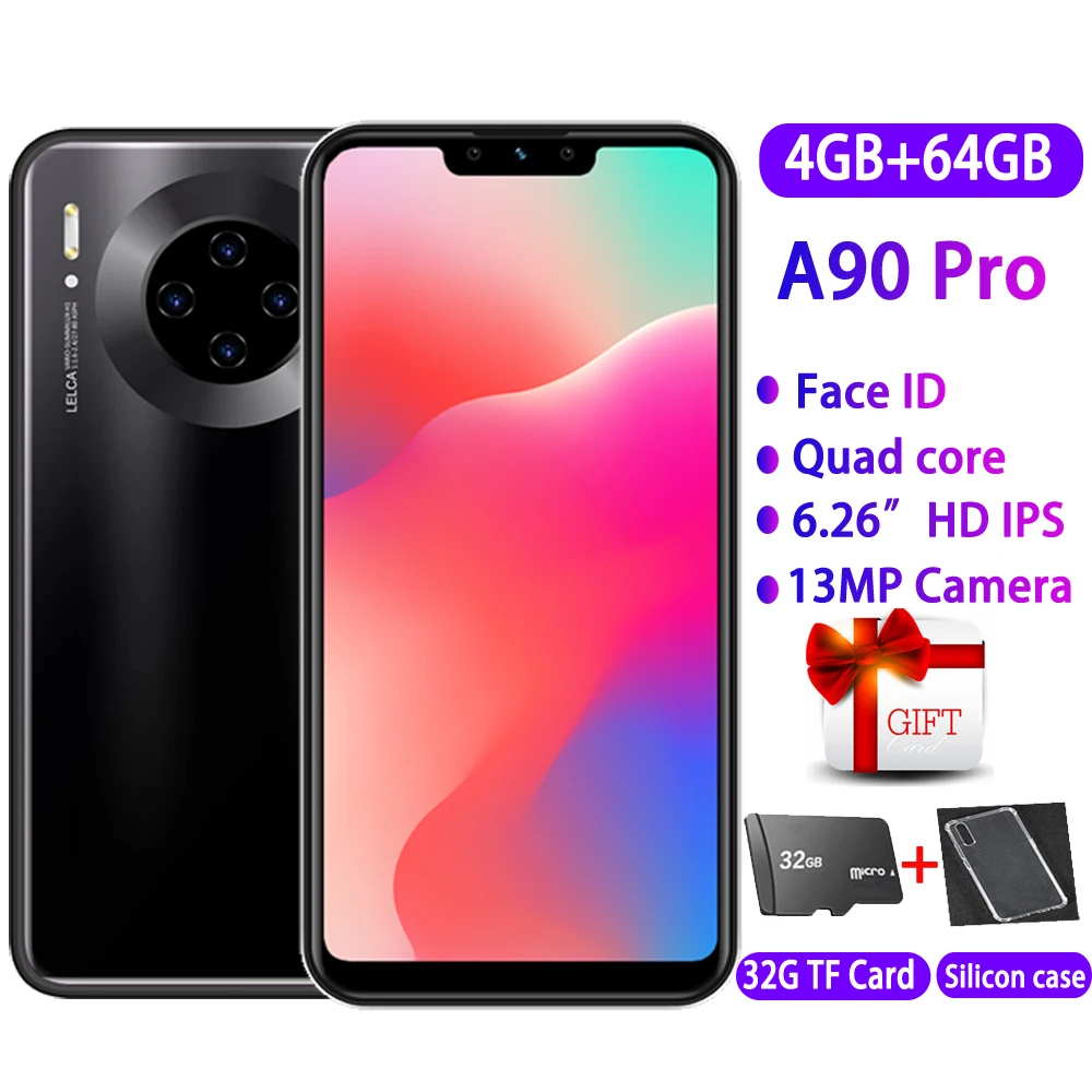 Новый A90 pro 4G RAM 64G ROM celulares MTK6580 четырехъядерный 13 МП камера 6 26 дюймов экран