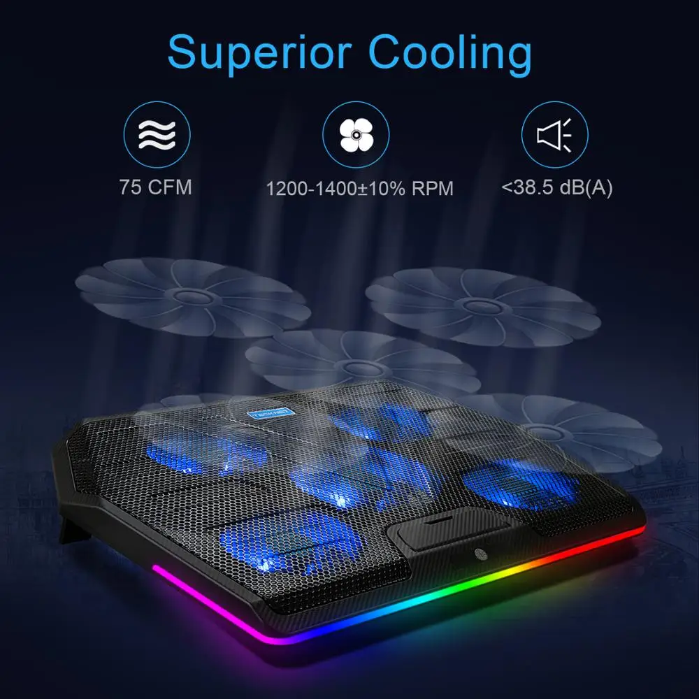 TeckNet Gaming Laptop Cooler Notebook Cooling Pad 5 RGB LED Fans Powerful Air Flow Adjustable Cooling Pad For 12-17 inch Laptop