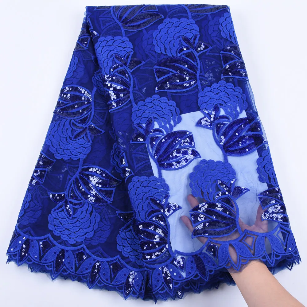 

Royal Blue African Milk Silk Lace With Sequins Embroidery High Quality French Lace Fabric Nigerian Lace Fabric For Wedding 1684