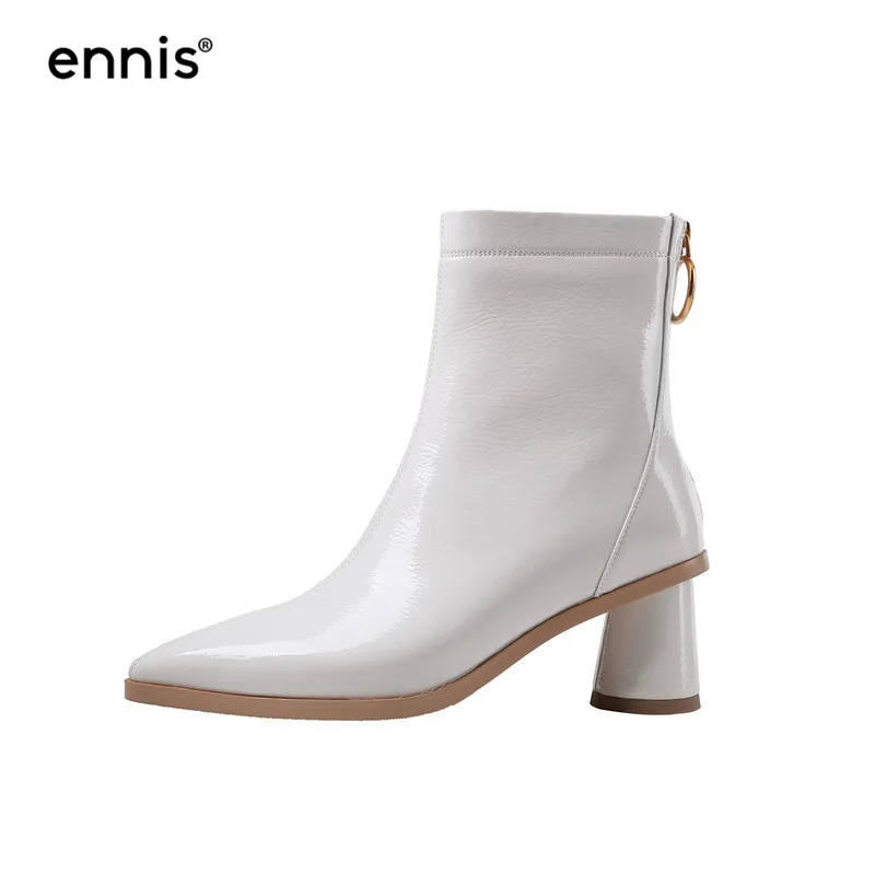 

ENNIS Brand White Boots Women Patent Leather Ankle Boots High Heel Pointed Toe Female Boots Zipper Shoes Black Autumn New A9228